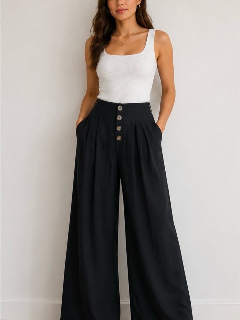 Shinestar Black High-Waist Wide-Leg Button Pants